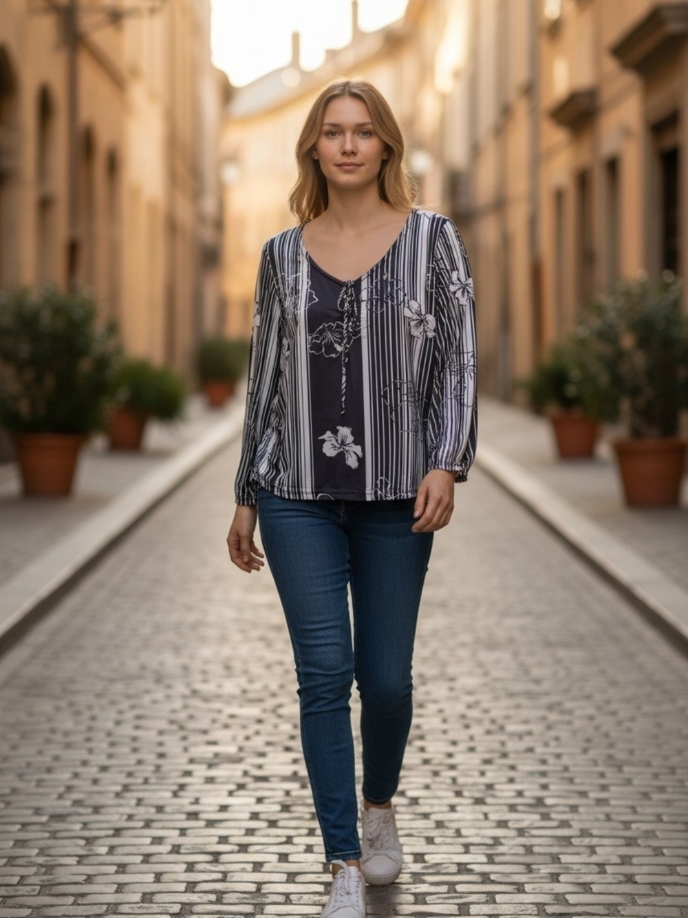 Striped Floral V-Neck Blouse - Navy & White